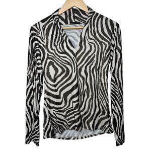 Fabrizio Gianni Top Blouse Women Small Zebra Brown Cream V-Neck Mobwife Pullover